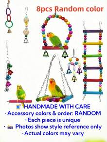 8pcs Parrot Toy Set, Bird Cage Swing Ladder Hammock Bell Perch Mirror Accessories, Suitable For Small And Medium Parrots Chewing Grinding Training Toys, Suitable For Parrots, Small Parrots, Budgies, Etc., Random Color - View 3