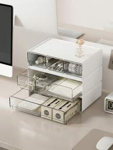 1 pieza Caja de almacenamiento de escritorio de plástico apilable de gran capacidad, rectangular minimalista de color blanco puro con cajón transparente, organizador de artículos de papelería para estudiantes, organizador de escritorio para la vuelta a la escuela - Blanco - Ver 2