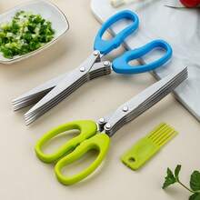 3/5 Blade Stainless Steel Kitchen Scissors, Multi-Color Herb & Vegetable Chopper, Sharp & Rust-Resistant, Ergonomic Handle, Convenient For Chopping Scallions, Suitable For Salad, Chili, Cilantro & Ingredient Preparation, Includes Cleaning Brush, Essential Cooking Tool - Multicolor - View 11
