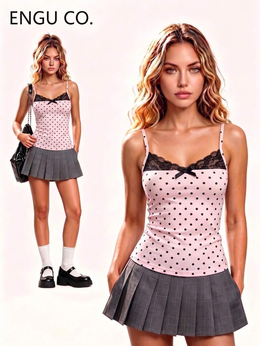 ENGU CO. Summer Gentle Pink Polka Dot Lace Thin Strap Camisole Girl Style Black Bow Slim Fit Flattering Inner Layer Cropped Top