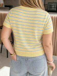 Women's V-Neck Short Sleeve Knit Top, Front Button Decor, Minimalist Fashion Versatile Casual Style Yellow - Yellow - View 5