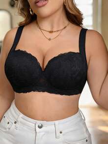 Women's Plus Size Floral Lace Underwire Bra, Comfortable Breathable, Push Up Side Support, Wide Shoulder Straps Hide Armpit Fat & Anti-Slip Wide Hem - Black - View 6