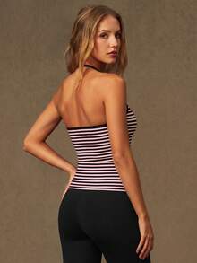 VVX Women Striped Halter Neck Gym Tops Camisole Sexy Backless Workout Yoga Top Y2K Casual Contrast Color Soft For Gym Daily Wear All Seasons - Black and White - View 6