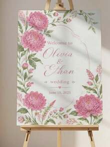 客製化熱情粉牡丹花卉婚禮歡迎牌，可客製新郎新娘姓名與日期，水彩畫布印製，婚禮儀式用泡沫板畫架牆飾 - 彩色 - 查看 6