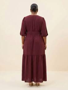FASHION MIX PREMIUM Elegant Long Dress With Slit And Ruffle On The Hem 3/4 Puff Sleeves With V-Neckline And Tie At The Waist Women's Plus Size - 紅木色 - 查看 5
