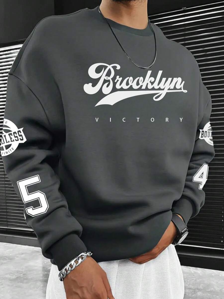 男士秋冬新款街頭風美式街頭運動風 Brooklyn "VICTORY" 印花圓領套頭運動衫