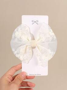 2pcs Beige Hair Bows For Young Girls Floral Lace Pearl Beaded Decor Alligator Clips Elegant Wedding Daily Hairclips Teens Hair Accessories - Beige - View 2