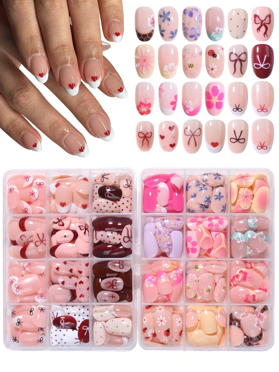 576pcs/Box (24 Mixed Styles) Short Oval Flower & Bow Nail Stickers, Short Acrylic Nail Stickers, Full Coverage False Nails With Storage Box, Suitable For Women & Girls Daily Life And Parties - 彩色 - 查看 1