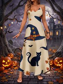 Women'S V-Neck Camisole Maxi Dress Halloween 3D Graphic Print Witch Hat Black Cat Pumpkin Leaves Versatile Maxi Dress - 彩色 - 查看 3