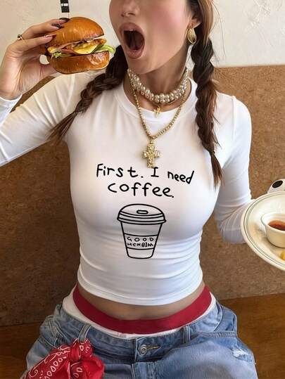 Dam T-shirt med rund hals och lång ärm, ny vårs/höst-modell med mjölkte-mönster och bokstavstryck, avslappnad mångsidig slim fit croptop, modevit