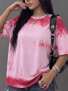 Women's Round Neck Short Sleeve Gradient Color T-Shirt Loose Fit Fashion Versatile Casual Summer New Top - Pink - View 5