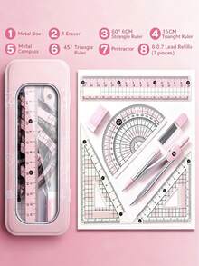 Juego de 8 piezas de compás y regla geométrica, kit completo de herramientas de dibujo matemático con regla recta, regla triangular, transportador, borrador y minas de repuesto, caja de almacenamiento de metal portátil, papelería práctica para escuela y oficina para estudiantes - A - Ver 2