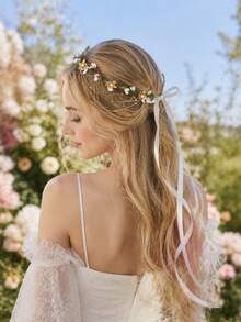 KOVLYNE 1 pièce Serre-tête de mariée bohème avec vigne fleurie, couronne florale avec chaîne dorée et perles avec nœud en ruban, accessoire de cheveux romantique pour mariage & festival pour femmes - Vert - Voir 7