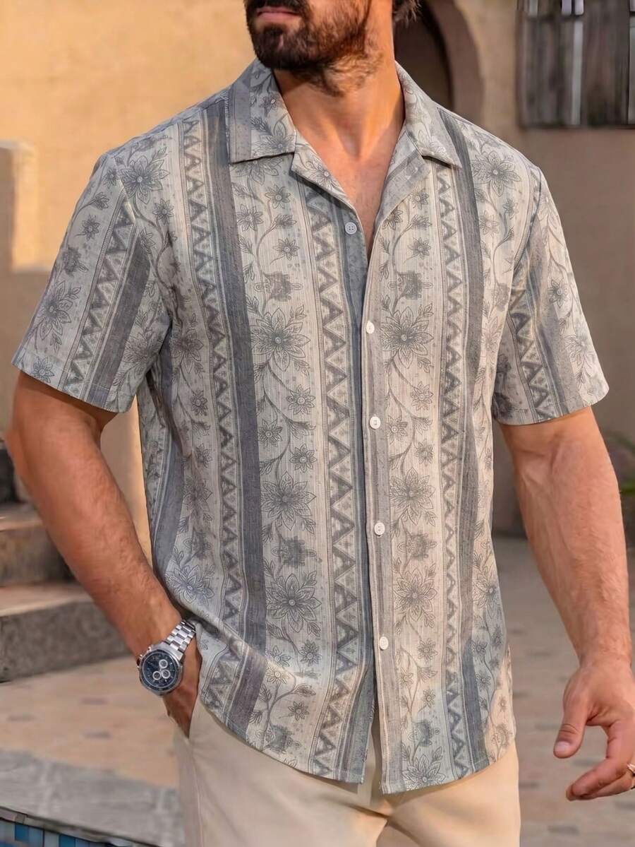 Men's Floral Print Short Sleeve Single-Breasted Versatile Comfortable Casual Vacation Shirt, - Grey - View 1