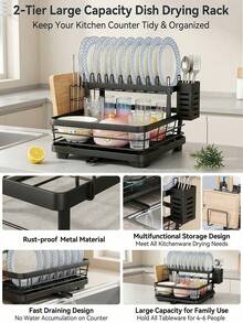 Two-Tier Multifunctional Kitchen Sink Dish Drying Storage Organizer System, Stainless Steel Dish Rack With Drain Tray, Independent Storage Zones For Plates, Cutlery, Knives And Cutting Boards, Space-Saving Large Capacity Kitchen Organizer - Black - View 3