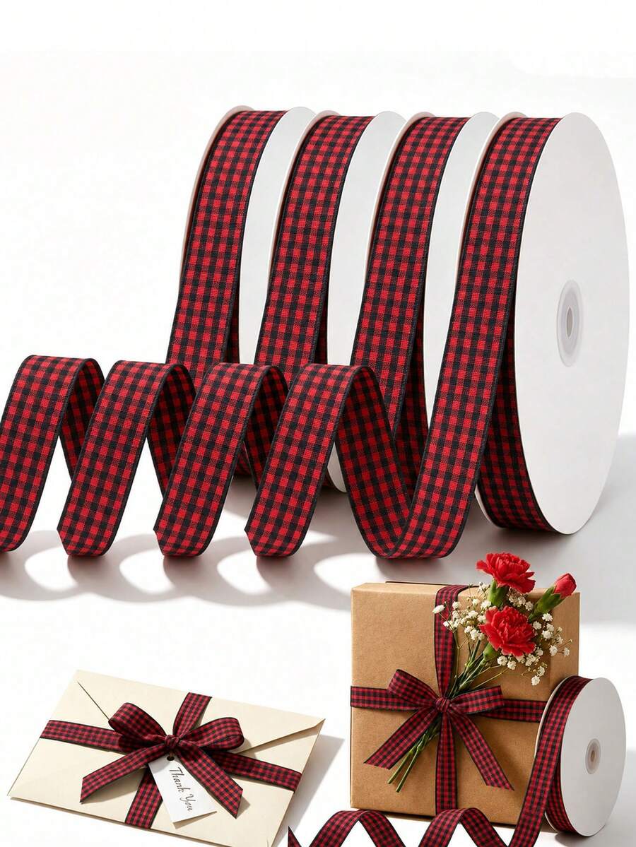 10mm/40mm Red Plaid Satin Ribbon, Red And Black Exquisite Handmade Plaid Satin Ribbon Suitable For Birthday, Wedding Party, Gift Decoration, Christmas Tree Wreath Decoration, Christmas, Valentine's Day, Birthday Gift Wrapping