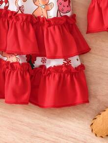 Autumn/Winter Christmas Themed Full Print Girls Cake Dress, Santa Claus Reindeer Gingerbread Man Print Color Block Red Ruffle Hem Trumpet Long Sleeve Multi-Layer Lace Children Holiday Princess Dress - Red - View 4