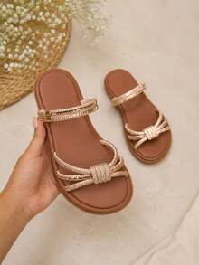 Women's Flat Platform Sandal All In Rhinestone Party Bohemian Party Shiny Rhinestone Party Wedding Office - Camel - View 4