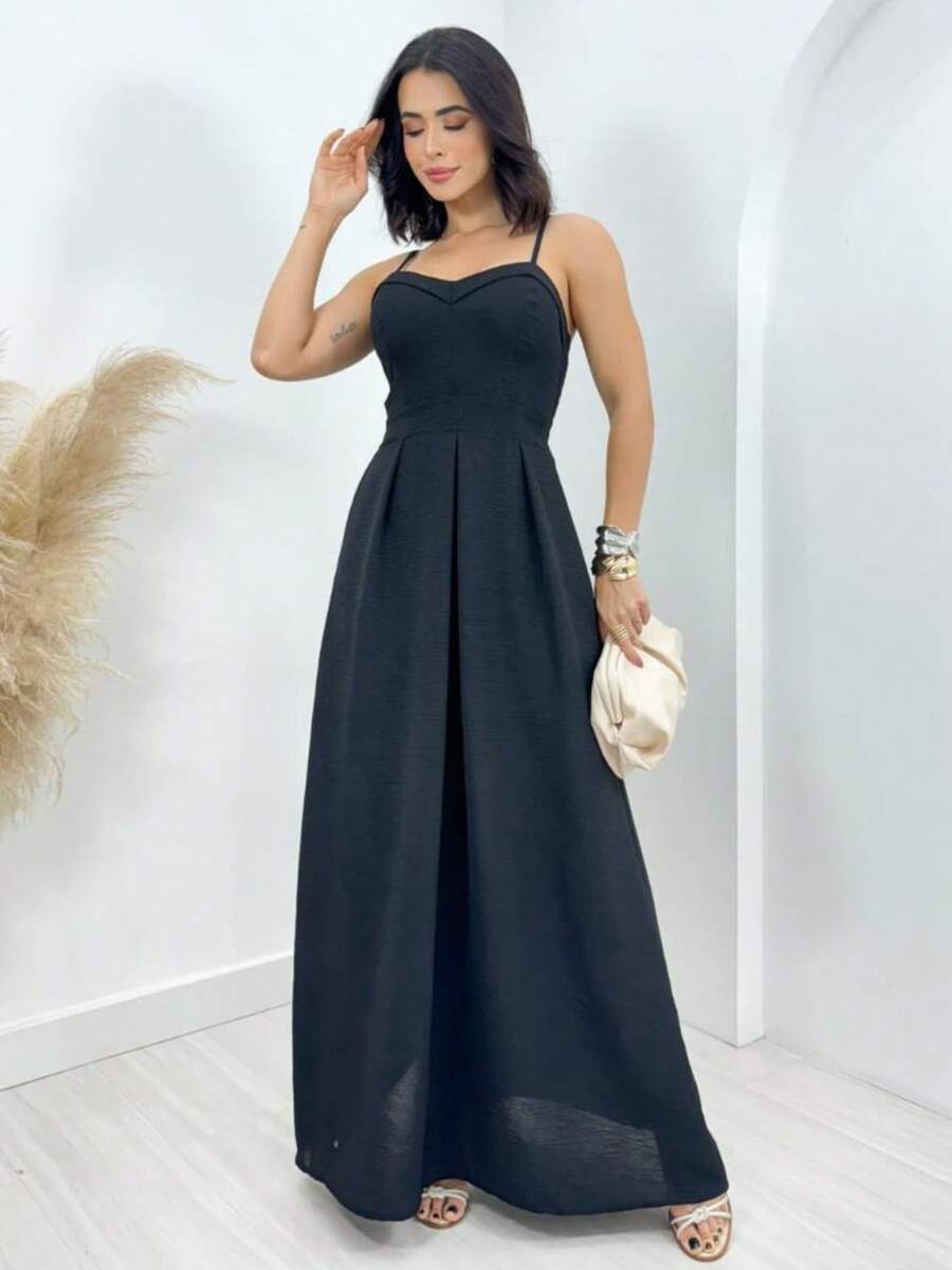 Long Dress With Adjustable Straps Lastex Waisted Fits 36 To 44 Women's Elastex Dress With Adjustable Back From 36 To 44 Comfortable Elastex Waisted Dress With Adjustable Straps - 磨砂黑 - 查看 1