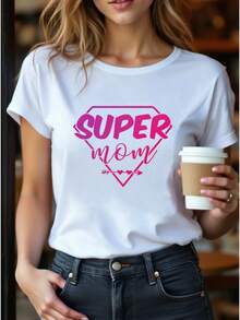 Women's Casual Sports T-Shirt With Round Neck, Elastic, Short-Sleeved, Printed With The Lettering "SUPER MOM", Spring/Summer Fashion, Women's Casual S - 白色 - 查看 2