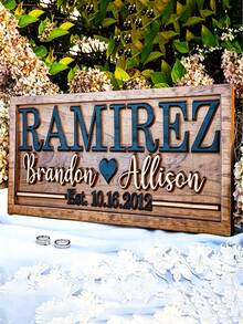 1pc Personalized Wedding Gift | Bridal Shower Gift | Last Name Sign | Wooden Wedding Anniversary Gift | Engagement Gift | Wooden Sign - Multicolor - View 1