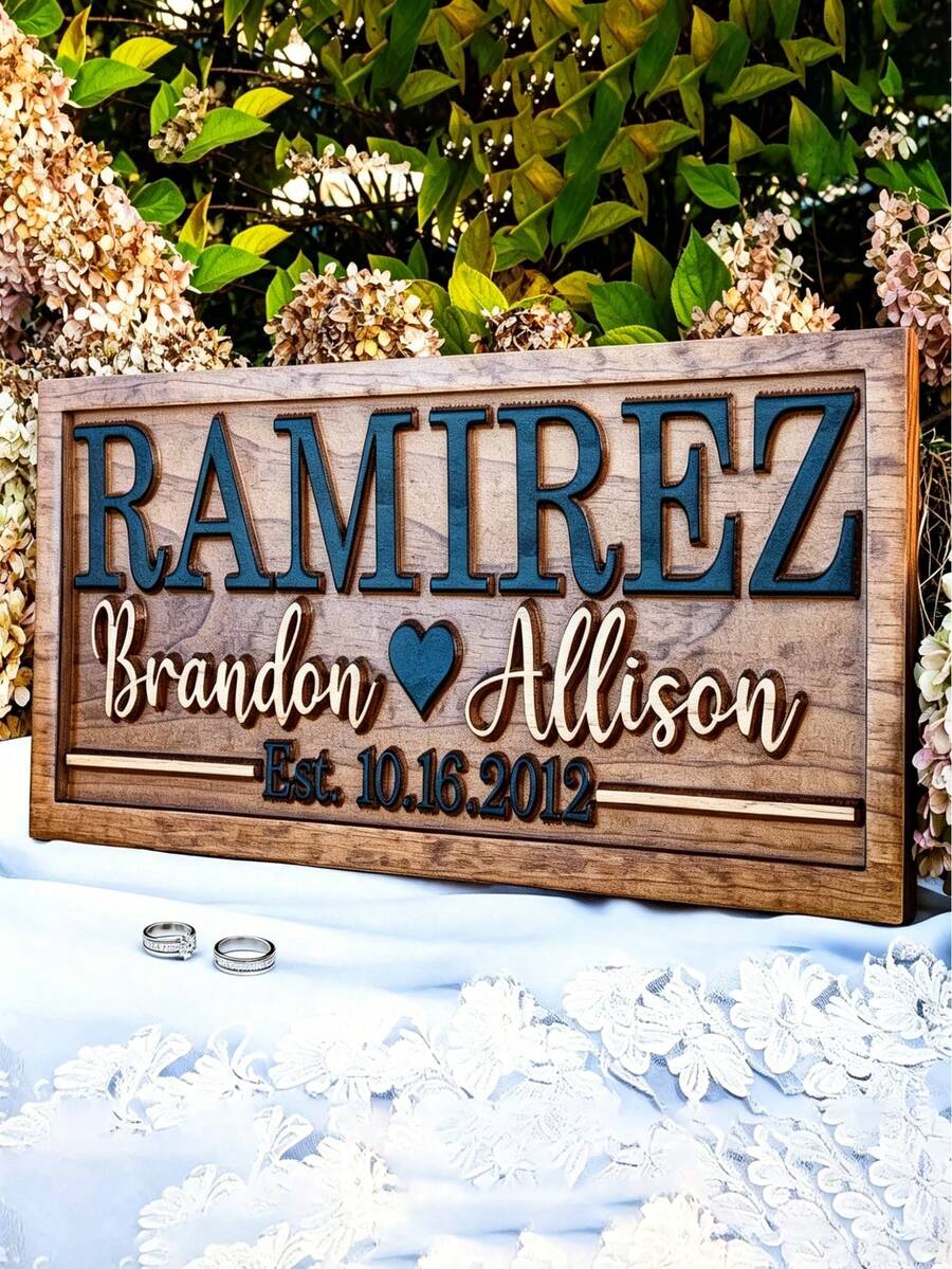 1pc Personalized Wedding Gift | Bridal Shower Gift | Last Name Sign | Wooden Wedding Anniversary Gift | Engagement Gift | Wooden Sign - Multicolor - View 1