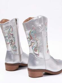 1 Pair Kids Girls Silver Mid Calf Cowboy Boots, Colorful Embroidery, Glitter Faux Leather Upper, Rubber Sole, Round Toe Western Boots For Daily Party - Silver - View 5