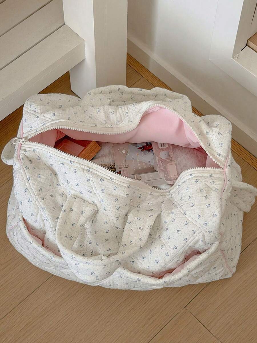 藍色波點溫柔田園風絎縫花卉大容量手提旅行宿舍衣物收納袋,收納包 - 彩色 - 查看 1