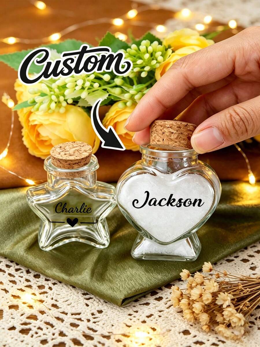 1pc Customized Heart-Shaped Sand Bottle, Customized Mini Jar With Text, Customized Sand Jar Souvenir, Customizable Name And Text, Customizable Small Decorative Jar, Personalized Mini Jar With Cork Stopper Lid, Wedding Gift/Honeymoon Souvenir - Multicolor - View 1
