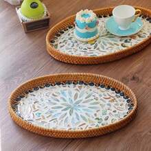 1 pieza Bandeja de frutas de estilo bohemio con conchas tejidas - Caja decorativa para almacenar joyas y té - Amarillo - Ver 3