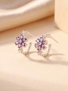 1 Pair Gentle Vintage Style Gold & Silver Dual-Tone Rhinestone Gradient Purple Crystal Flower C-Shaped Stud Earrings, Suitable For Women's Daily, Date And Commute Wear - Type C - View 6