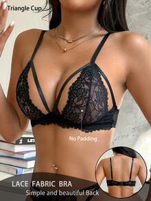 1pc Women's Sexy Semi-Sheer Lace Wireless Unpadded Comfortable Back Strap Triangle Cup Bra - Black - View 4
