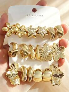 6/18pcs Fashion Elegant Gold Earrings Set, Five-Petal Flower, Symmetrical Flower, Textured Hoop, C-Shape, Star And Floral Patterns, Hypoallergenic CCB Material, Suitable For Gifts, Versatile For Daily Wear, Metallic Style Jewelry - Gold - View 1