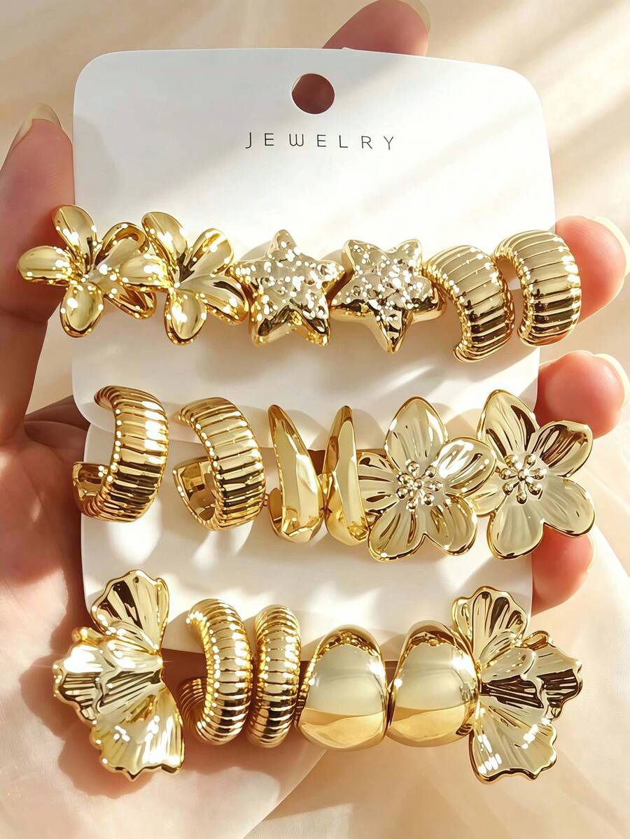 6/18pcs Fashion Elegant Gold Earrings Set, Five-Petal Flower, Symmetrical Flower, Textured Hoop, C-Shape, Star And Floral Patterns, Hypoallergenic CCB Material, Suitable For Gifts, Versatile For Daily Wear, Metallic Style Jewelry - Gold - View 1