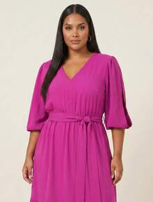 FASHION MIX PREMIUM Elegant Long Dress With Slit And Ruffle On The Hem 3/4 Puff Sleeves With V-Neckline And Tie At The Waist Women's Plus Size - 玫瑰紅 - 查看 2