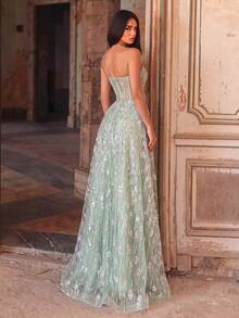 Faeriesty Elegant One-Shoulder Beaded Gown With Exquisite Embroidery, Flared Ball Gown Silhouette For Flattering Figure – Party Wedding Fall - Mint Green - View 2