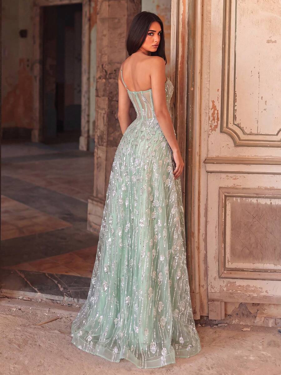 Faeriesty Elegant One-Shoulder Beaded Gown With Exquisite Embroidery, Flared Ball Gown Silhouette For Flattering Figure – Party Wedding Fall - Mint Green - View 1