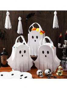 4pcs/1pc Halloween Ghost Paper Gift Bags With Handles, Candy Bags, Gift Bags, Halloween Theme Tote Bags, White Little Ghost Surprise Gift Bags, Trick Or Treat, Holiday Party Gift Bags For Family And Friends, Theme Birthday Holiday Party Supplies - Multicolor - View 7