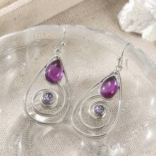 Vintage Elegant Bohemian Distressed Silver Hollow Water Drop Dangle Earrings, Inlaid With Clear Synthetic Purple Zirconia, Suitable For Daily, Date, Party Occasions, Exquisite Accessory Gift For Women's Birthday And Holiday - Silver - View 4