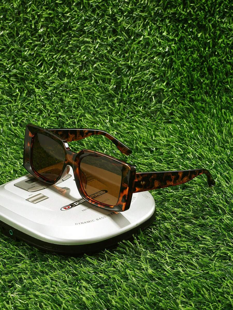 Shadewire Leopard Print Rectangular Y2K Sunglasses, Plastic UV Protection Shades For Travel And BeachVintage Retro Back-To-School Accessories - Multicolor - View 1