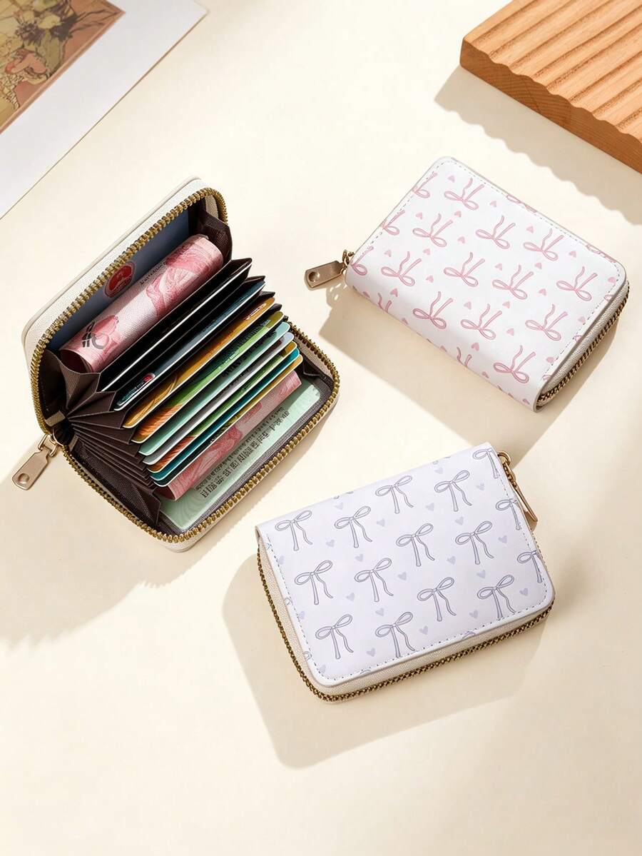 Compact Portable Multi-Function Card Holder, Women's Bowknot Card Organizer, Sweet Cartoon Mini Coin Purse, Multi-Slot ID Card Accordion Wallet - Multicolor - View 1