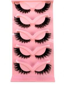5 Pairs Black Band Wispy Cat Eye 3D Faux Mink Reusable Lashes - 粉色 - 查看 2
