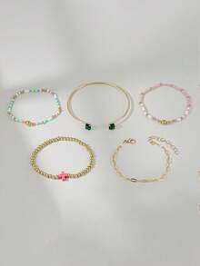 5pcs Exquisite Cross Decor Bracelet & Multi-Layer Bracelet Set, CCB, Colorful Bead Bracelet, Suitable For Women's Daily, Vacation, Party Wear, Friendship Gift - Multicolor - View 3