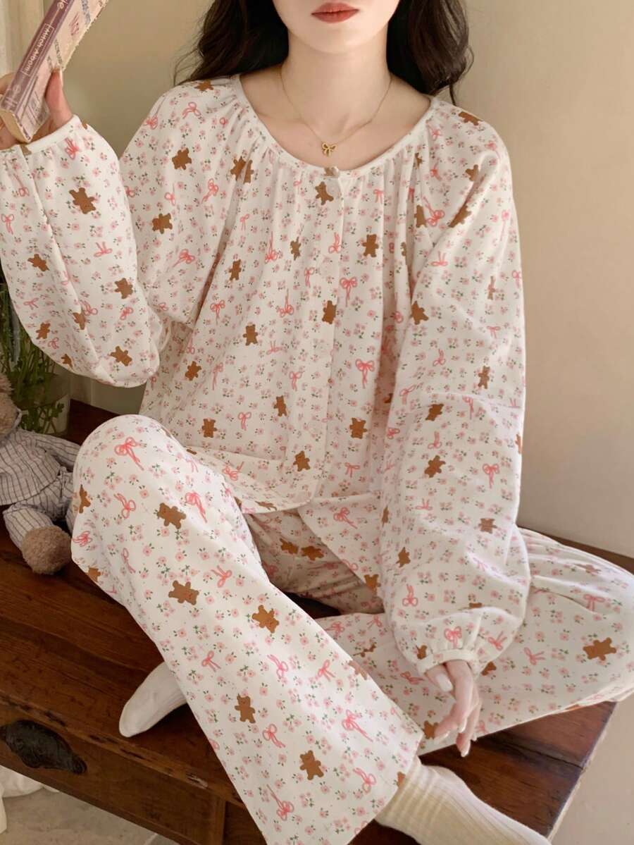 2pcs Women's Pajama Set, Cute Bear, Bow, Ditsy Floral Round Neck Button-Down Korean Style Long Sleeve Pants, Easy Care Fabric - Multicolor - View 1