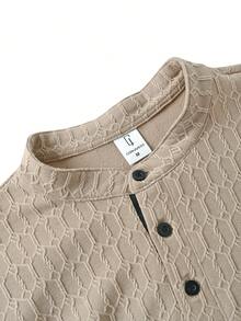 Men's Autumn 2 Pieces Set Geometric Pattern Textured Stand Collar Single Pocket Long Sleeve Pullover Sweatshirt And Solid Color Casual Long Sweatpants - Apricot - View 5