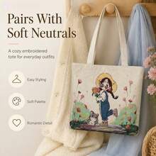1PC Sweet Pastoral Girl & Little Cat Floral Embroidery Shiny Jacquard Tote Bag Aesthetic Cute Daily Casual Canvas Shoulder Bag,Bedroom Room Decor,Back To School - View 5