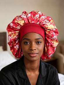 1pc Silk Sleep Bonnet Hair Wrap Hair Cap Protect Braids - Red - View 1