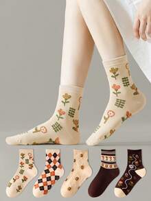 ZUJO 4 Pairs Women's Mid-Calf Socks In Maillard Color Palette, Floral Pattern, Soft And Breathable, Suitable For Spring, Autumn, Winter Daily Wear - Multicolor - View 2