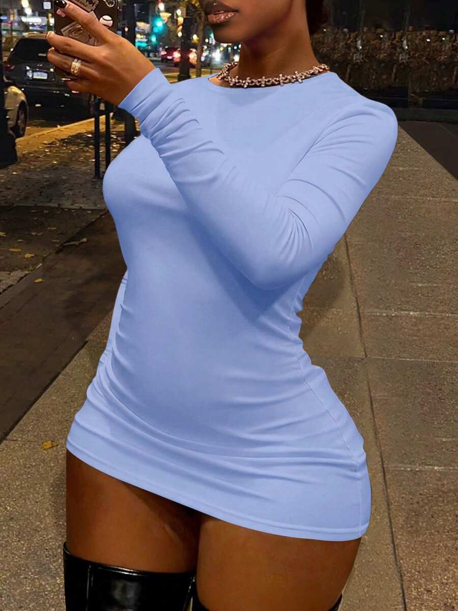 LovelyWholesale Women's Casual Round Neck Long Sleeve Solid Color Mini Fashion Dress For Summer - Baby Blue - View 1