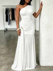 ChicMe Women's Pleated Mesh Long Dress, Gold Button High Slit Fitted Evening Party Gown - White - View 5